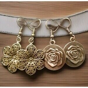 Antique Bronze Flower Dangle Filigree Drop Earings Boho Wire Hook